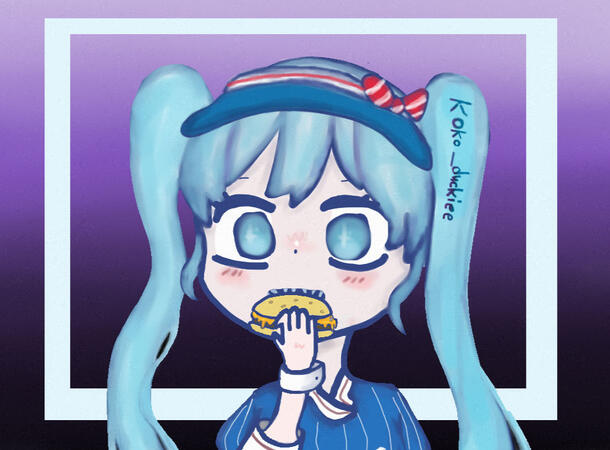 Mesmerizer Miku eating cheeseburger